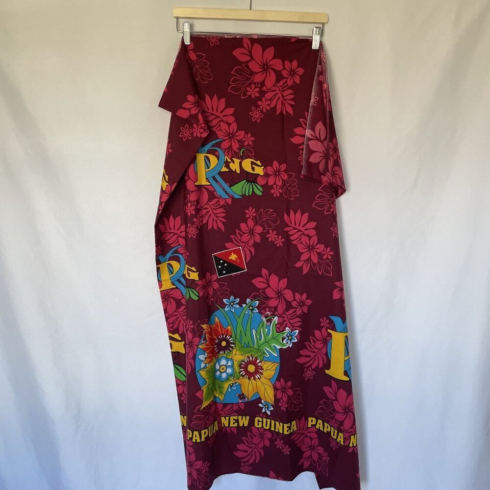 Papua New Guinea Sarong Wrap With Floral Design & PNG Flag Accents pink maroon